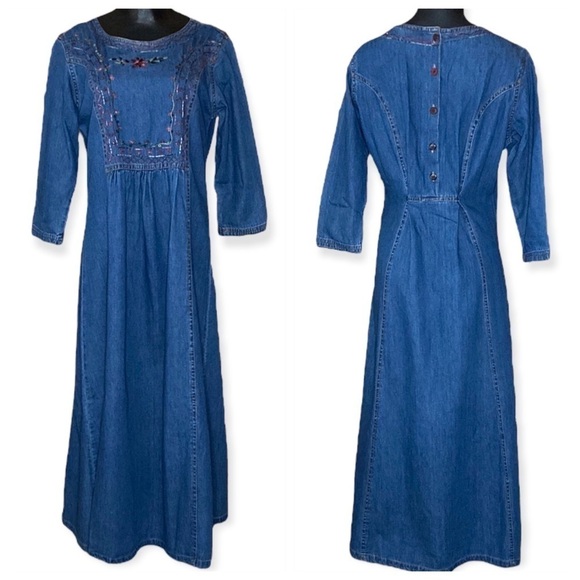 Vintage Chambray Maxi Dress Floral Embroidery Size M - Picture 1 of 5
